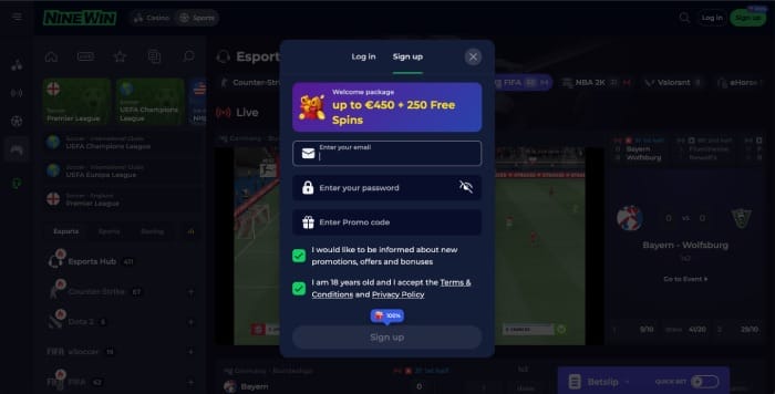 NineWin open a sportsbook account
